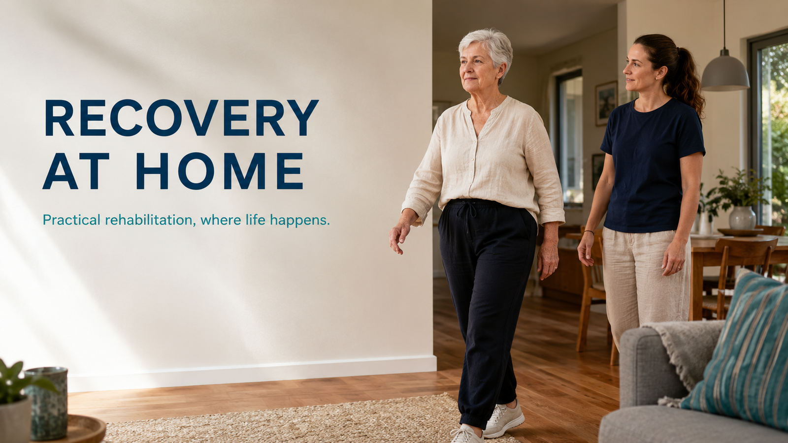 An older adult walking at home with a community physiotherapist nearby